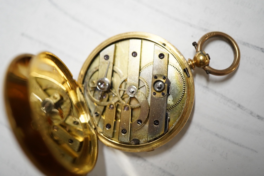 A lady's early 20th century continental 18k and enamel open faced keywind fob watch, with Roman dial, case diameter 30mm, gross weight 26 grams.